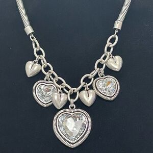 Gorgeous Crystal Hearts Necklace Foil Backed Faceted Cut Glass Silver Tone 22”